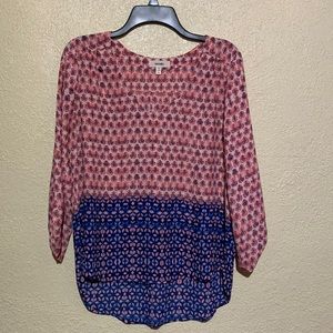 Meraki Top Blouse Pink Blue Cream L Pullover Light Weight Polyester